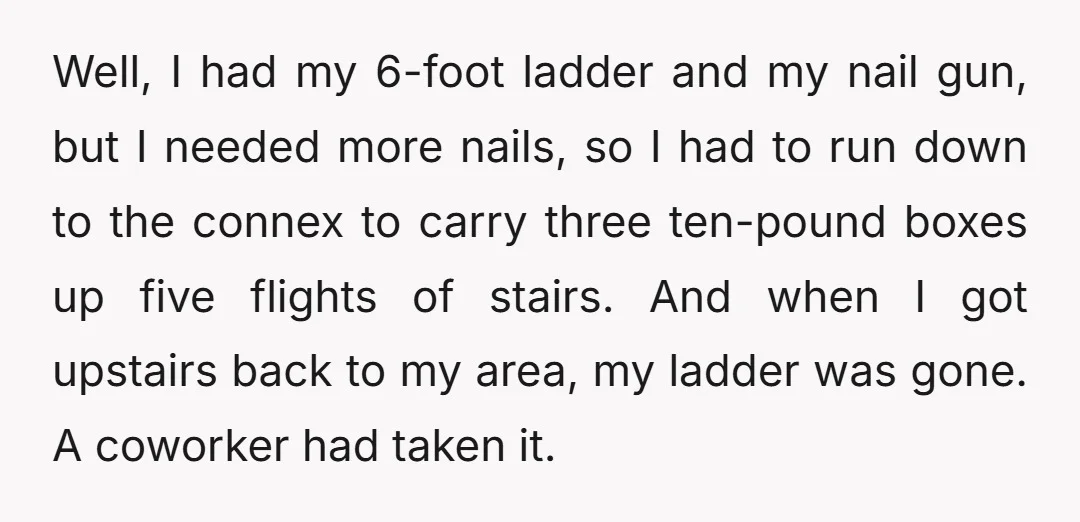 Well, I had my 6-foot ladder and my nail gun, but I needed more nails, so I had to run down to the connex to carry three ten-pound boxes up...