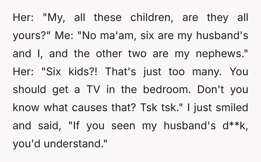 Her: "My, all these children, are they all yours?" Me: "No ma'am, six are my husband's and I, and the other two are my nephews." Her: "Six kids?! That's just...