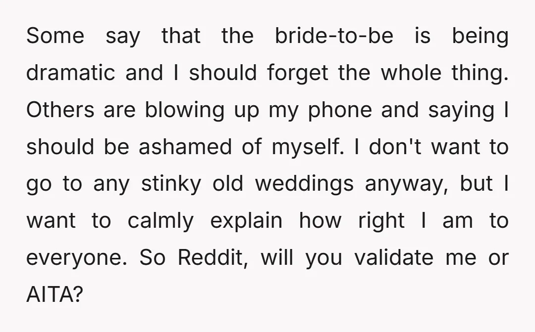 Some say that the bride-to-be is being dramatic and I should forget the whole thing. Others are blowing up my phone and saying I should be ashamed of myself. I...