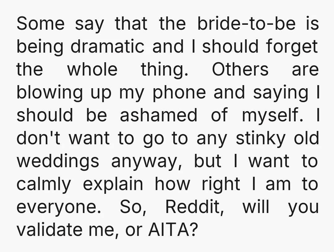 Some say that the bride-to-be is being dramatic and I should forget the whole thing. Others are blowing up my phone and saying I should be ashamed of myself. I...