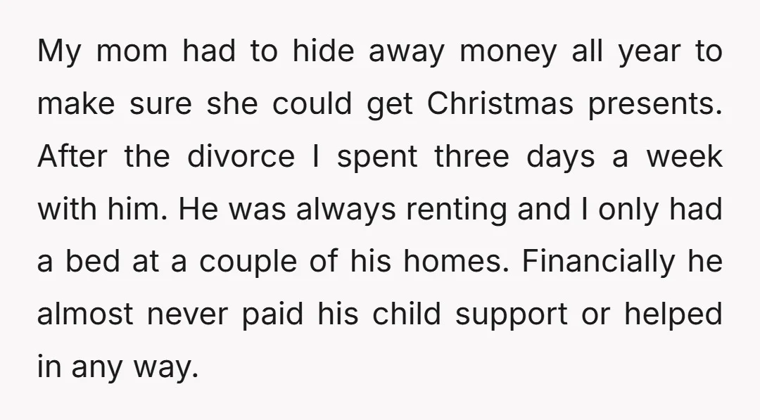 My mom had to hide away money all year to make sure she could get Christmas presents. After the divorce I spent three days a week with him. He was...