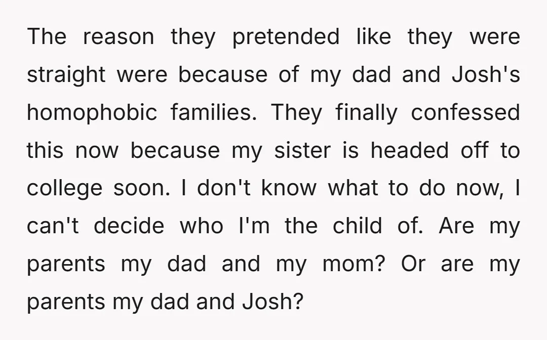 The reason they pretended like they were straight were because of my dad and Josh's homophobic families. They finally confessed this now because my sister is headed off to college...