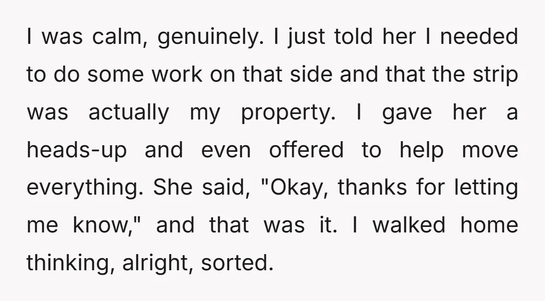 I was calm, genuinely. I just told her I needed to do some work on that side and that the strip was actually my property. I gave her a heads-up...