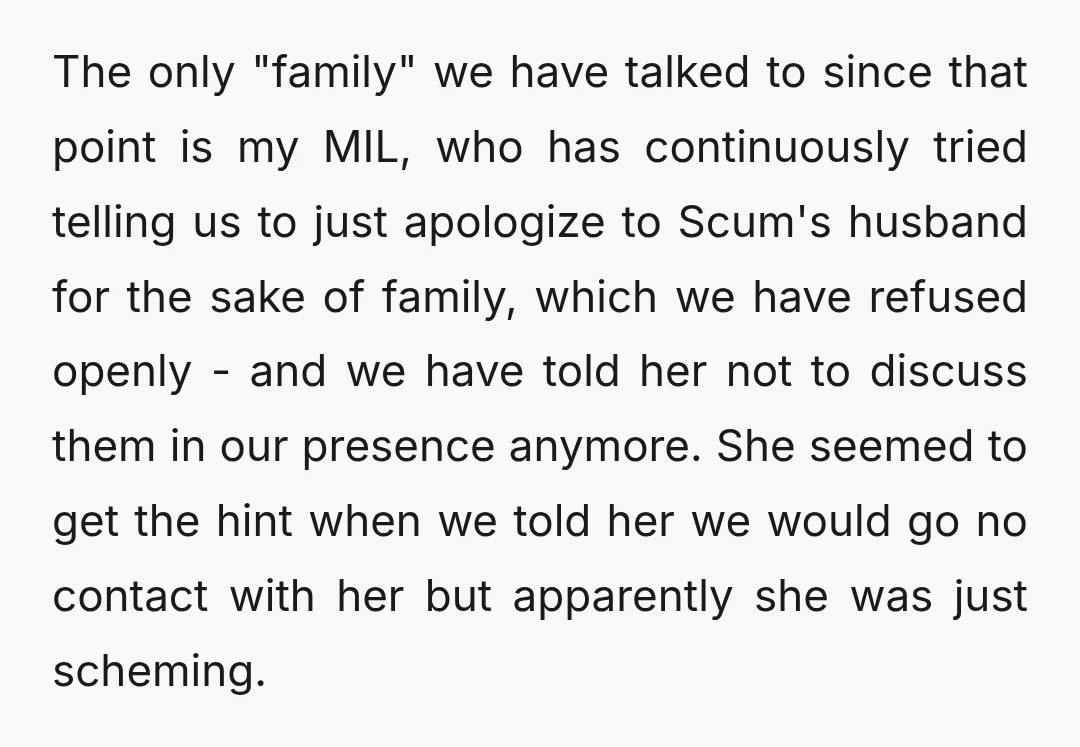 The only "family" we have talked to since that point is my MIL, who has continuously tried telling us to just apologize to Scum's husband for the sake of family,...