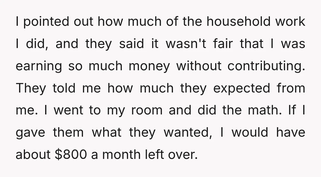 I pointed out how much of the household work I did, and they said it wasn't fair that I was earning so much money without contributing. They told me how...