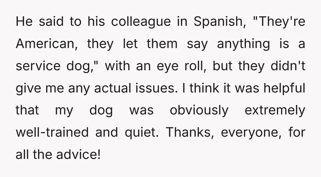 He said to his colleague in Spanish, "They're American, they let them say anything is a service dog," with an eye roll, but they didn't give me any actual issues....