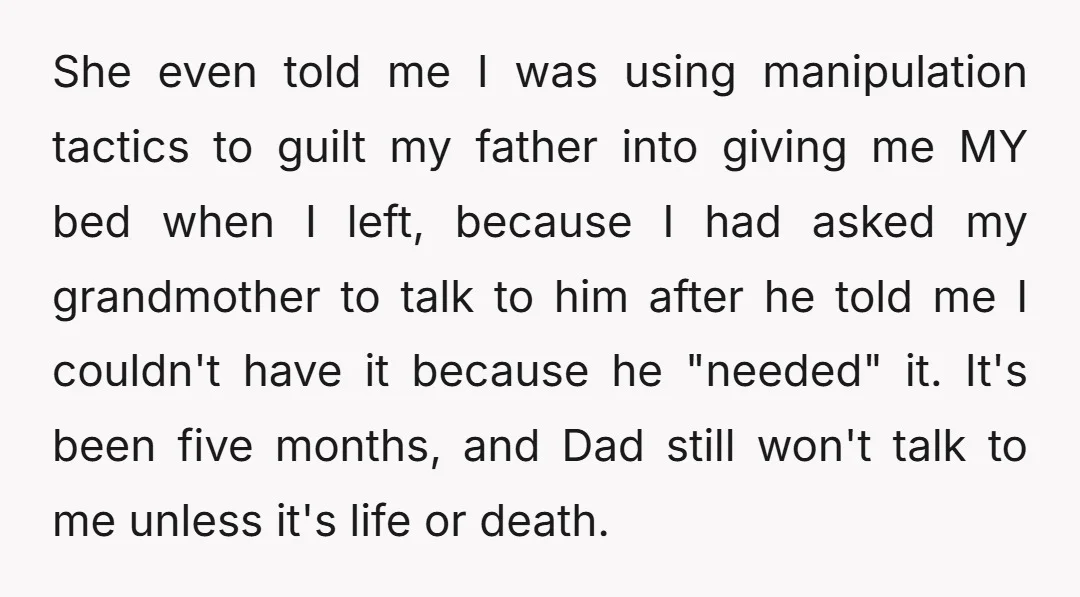 She even told me I was using manipulation tactics to guilt my father into giving me MY bed when I left, because I had asked my grandmother to talk to...