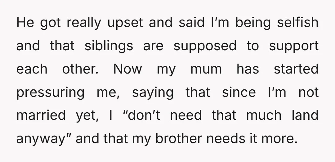 He got really upset and said I’m being selfish and that siblings are supposed to support each other. Now my mum has started pressuring me, saying that since I’m not...
