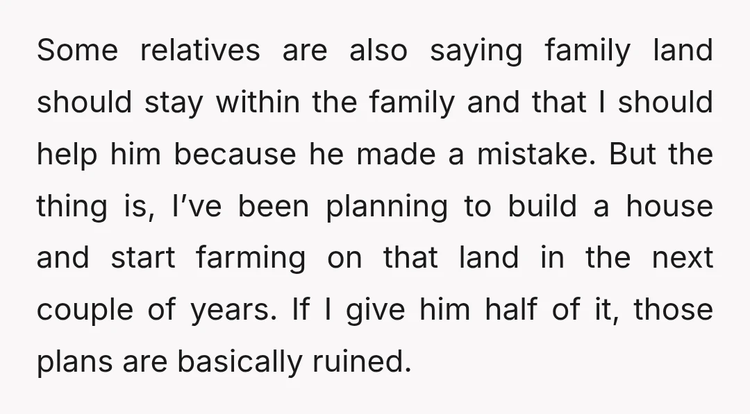 Some relatives are also saying family land should stay within the family and that I should help him because he made a mistake. But the thing is, I’ve been planning...