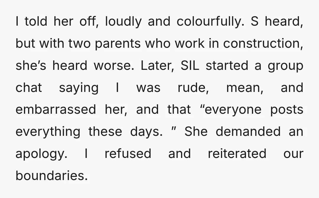 I told her off, loudly and colourfully. S heard, but with two parents who work in construction, she’s heard worse. Later, SIL started a group chat saying I was rude,...