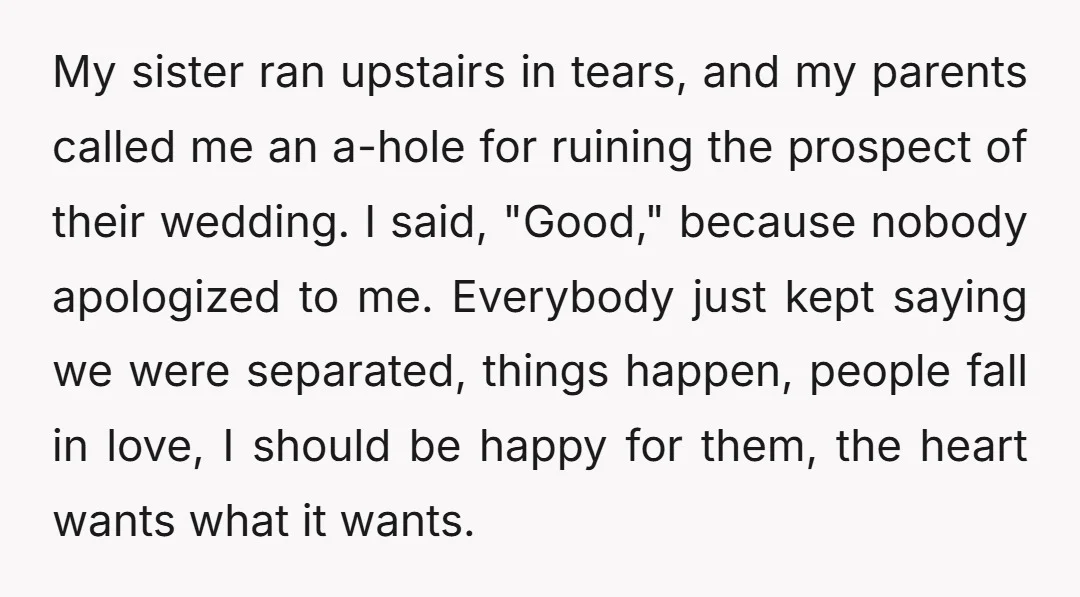 My sister ran upstairs in tears, and my parents called me an a-hole for ruining the prospect of their wedding. I said, "Good," because nobody apologized to me. Everybody just...