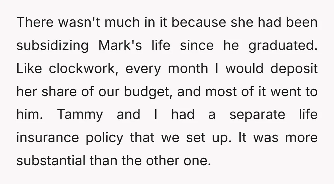 There wasn't much in it because she had been subsidizing Mark's life since he graduated. Like clockwork, every month I would deposit her share of our budget, and most of...
