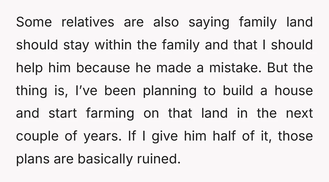 Some relatives are also saying family land should stay within the family and that I should help him because he made a mistake. But the thing is, I’ve been planning...