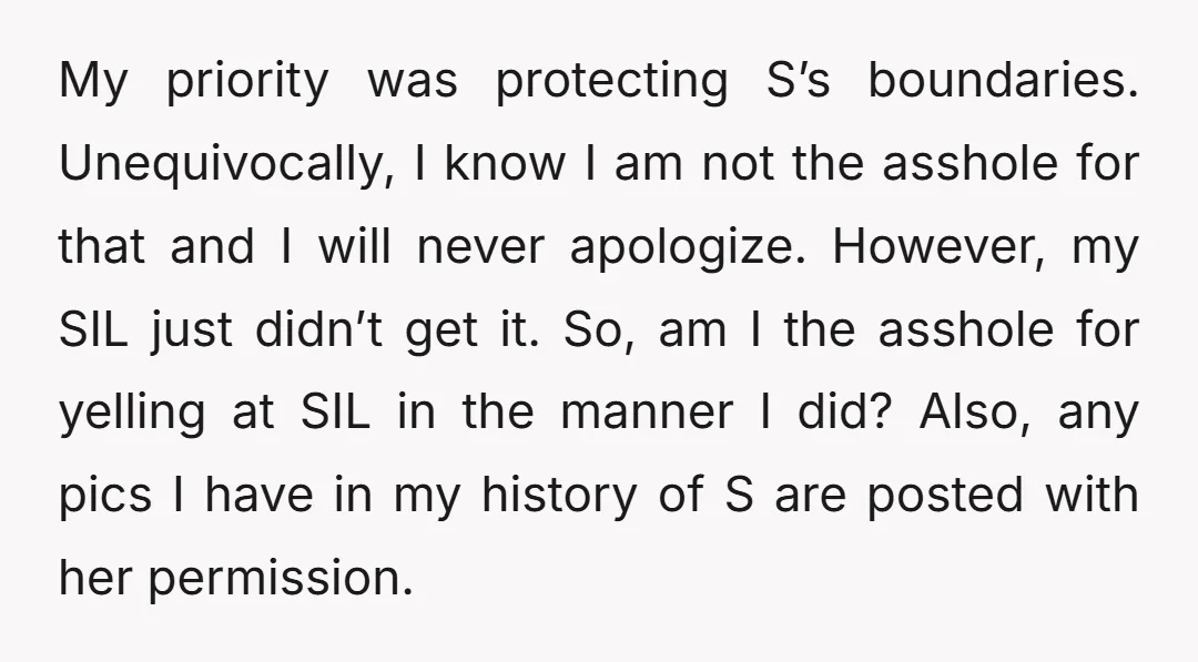 My priority was protecting S’s boundaries. Unequivocally, I know I am not the asshole for that and I will never apologize. However, my SIL just didn’t get it. So, am...