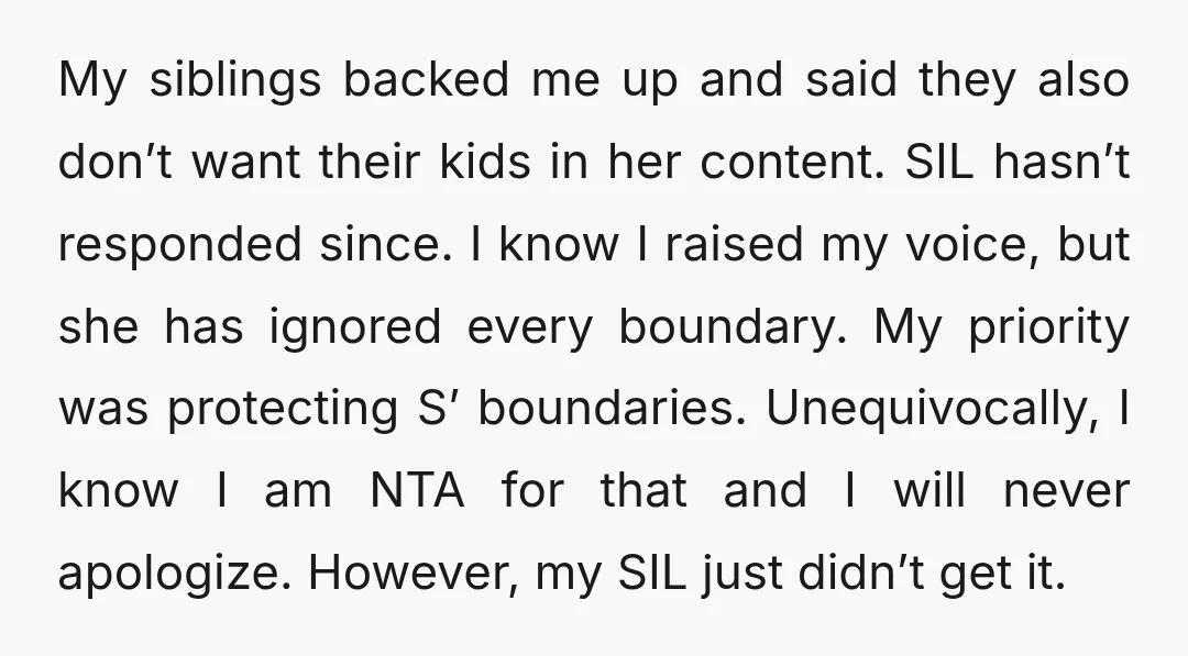 My siblings backed me up and said they also don’t want their kids in her content. SIL hasn’t responded since. I know I raised my voice, but she has ignored...