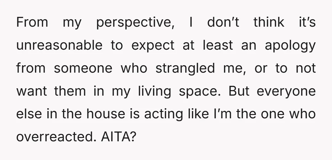 From my perspective, I don’t think it’s unreasonable to expect at least an apology from someone who strangled me, or to not want them in my living space. But everyone...