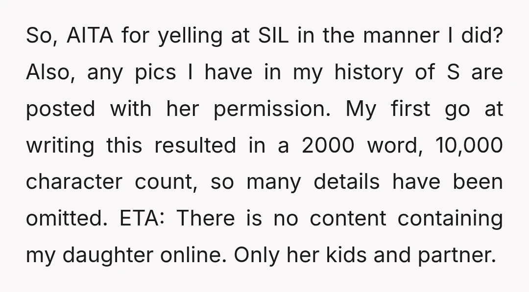 So, AITA for yelling at SIL in the manner I did? Also, any pics I have in my history of S are posted with her permission. My first go at...