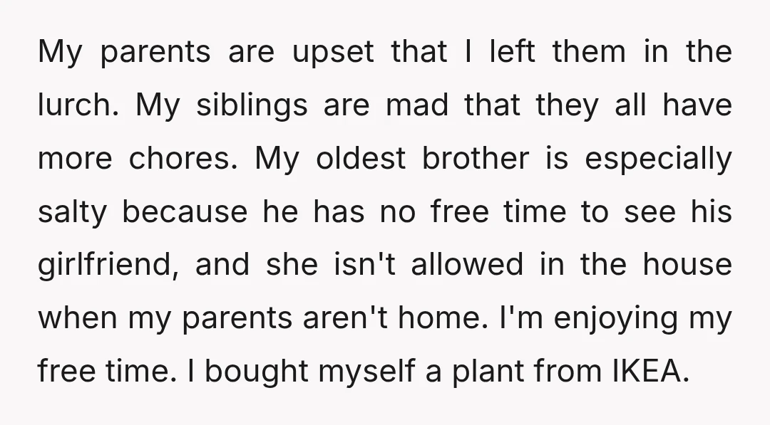 My parents are upset that I left them in the lurch. My siblings are mad that they all have more chores. My oldest brother is especially salty because he has...