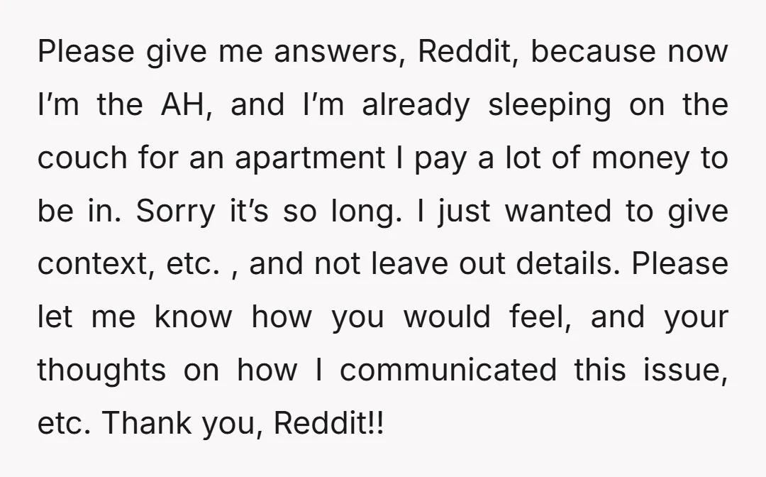 Please give me answers, Reddit, because now I’m the AH, and I’m already sleeping on the couch for an apartment I pay a lot of money to be in. Sorry...
