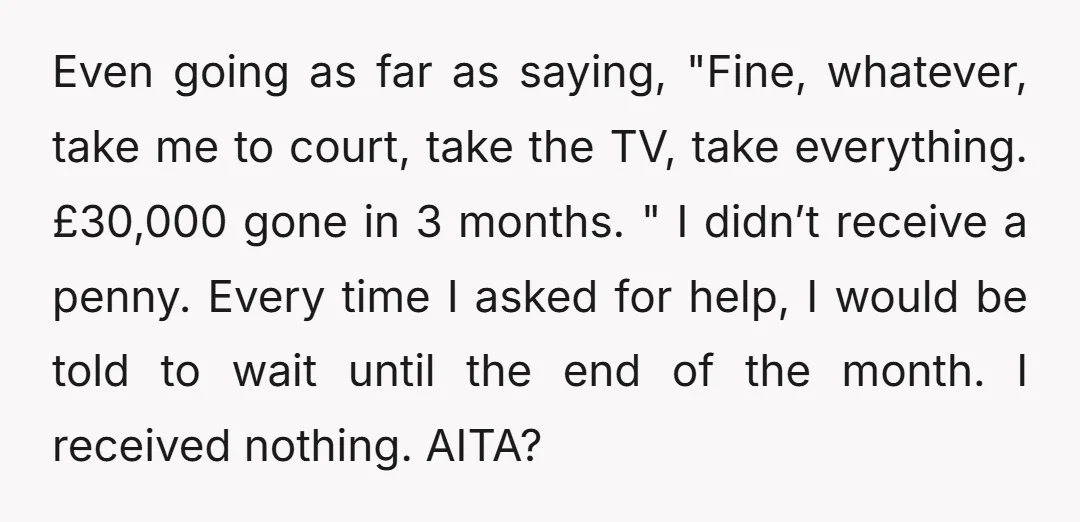 Even going as far as saying, "Fine, whatever, take me to court, take the TV, take everything. £30,000 gone in 3 months. " I didn’t receive a penny. Every time...
