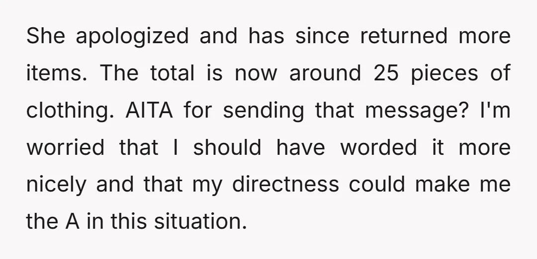 She apologized and has since returned more items. The total is now around 25 pieces of clothing. AITA for sending that message? I'm worried that I should have worded it...