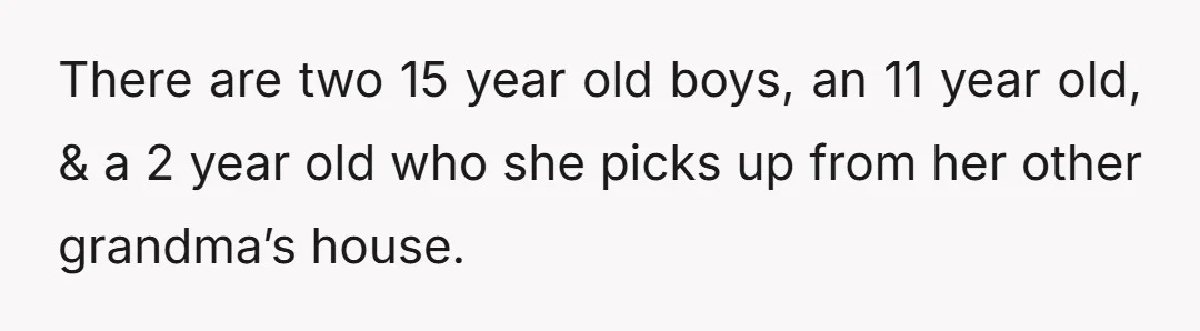 There are two 15 year old boys, an 11 year old, & a 2 year old who she picks up from her other grandma’s house.