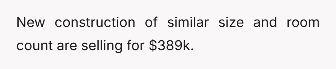 New construction of similar size and room count are selling for $389k.