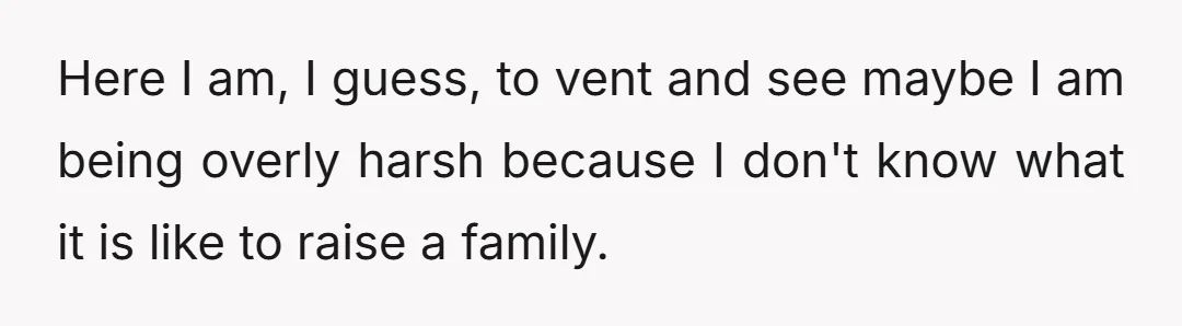 Here I am, I guess, to vent and see maybe I am being overly harsh because I don't know what it is like to raise a family.