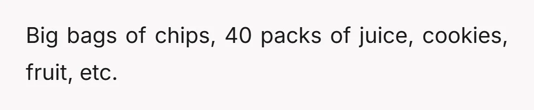Big bags of chips, 40 packs of juice, cookies, fruit, etc.