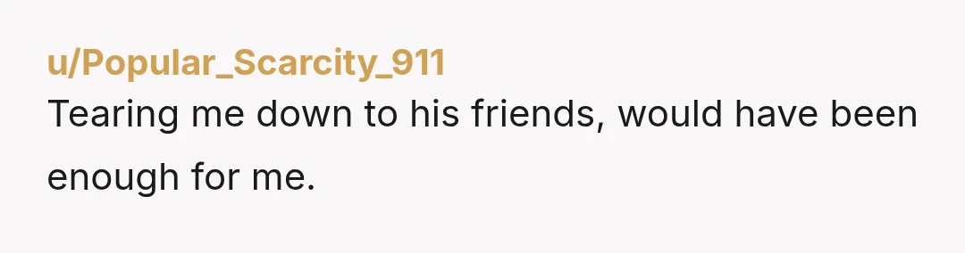 u/Popular_Scarcity_911 Tearing me down to his friends, would have been enough for me.