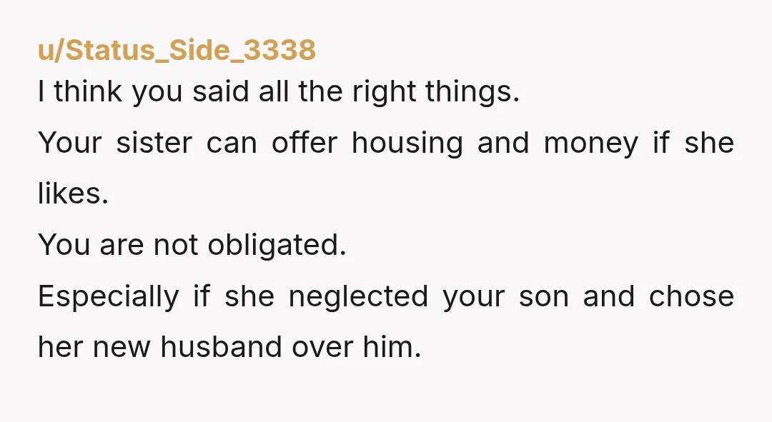 u/Status_Side_3338 I think you said all the right things. Your sister can offer housing and money if she likes. You are not obligated. Especially if she neglected your son and...