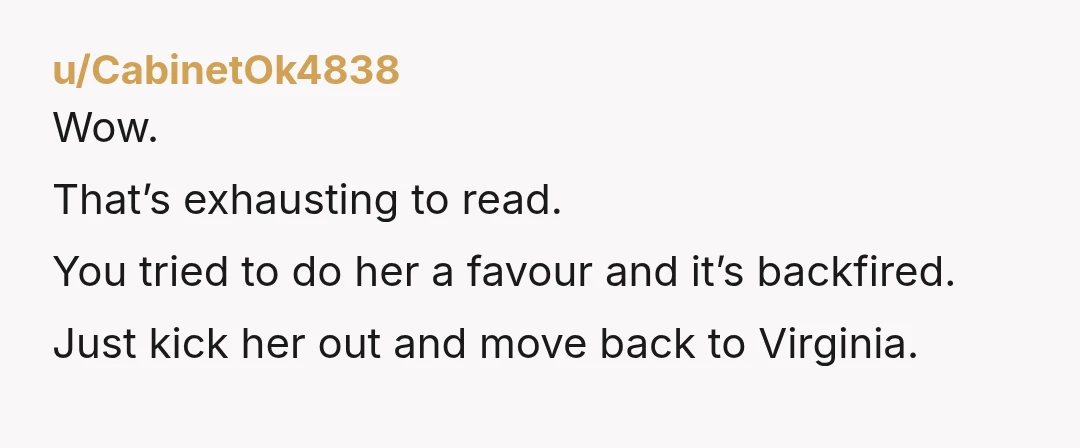 u/CabinetOk4838 Wow. That’s exhausting to read. You tried to do her a favour and it’s backfired. Just kick her out and move back to Virginia.