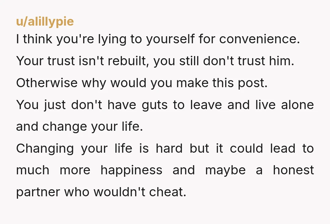 u/alillypie I think you're lying to yourself for convenience. Your trust isn't rebuilt, you still don't trust him. Otherwise why would you make this post. You just don't have guts...