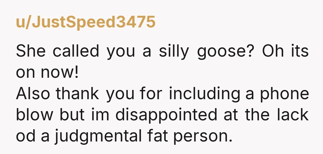 u/JustSpeed3475 She called you a silly goose? Oh its on now! Also thank you for including a phone blow but im disappointed at the lack od a judgmental fat person.