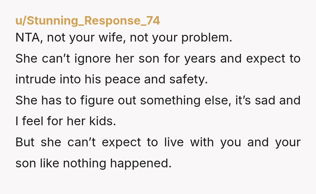 u/Stunning_Response_74 NTA, not your wife, not your problem. She can’t ignore her son for years and expect to intrude into his peace and safety. She has to figure out something...