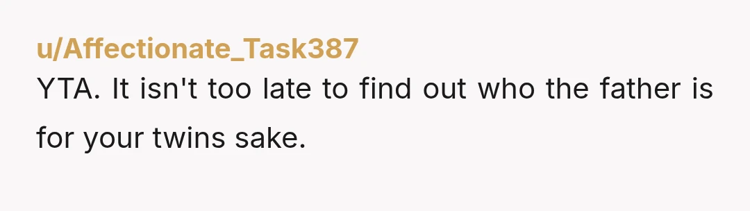 u/Affectionate_Task387
YTA. It isn't too late to find out who the father is for your twins sake.