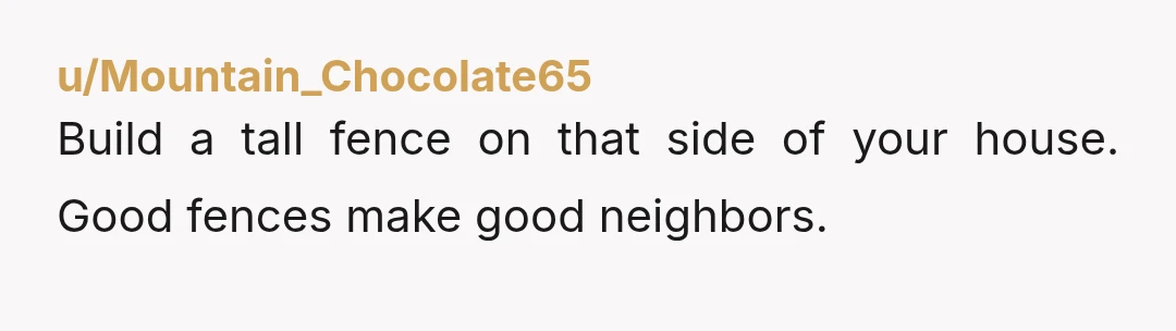 u/Mountain_Chocolate65
Build a tall fence on that side of your house. Good fences make good neighbors.