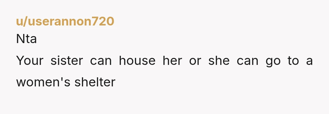 u/userannon720 Nta Your sister can house her or she can go to a women's shelter