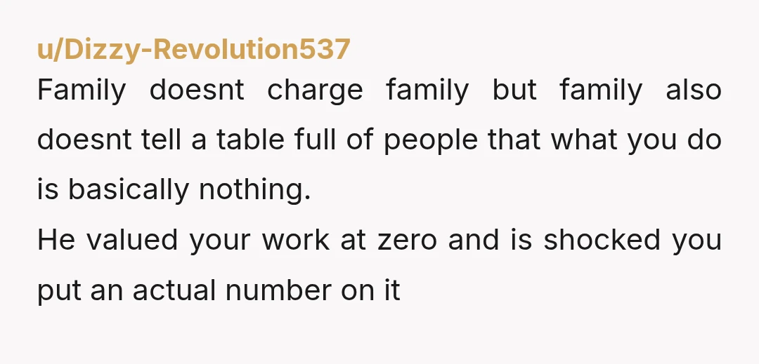u/Dizzy-Revolution537 Family doesnt charge family but family also doesnt tell a table full of people that what you do is basically nothing. He valued your work at zero and is...