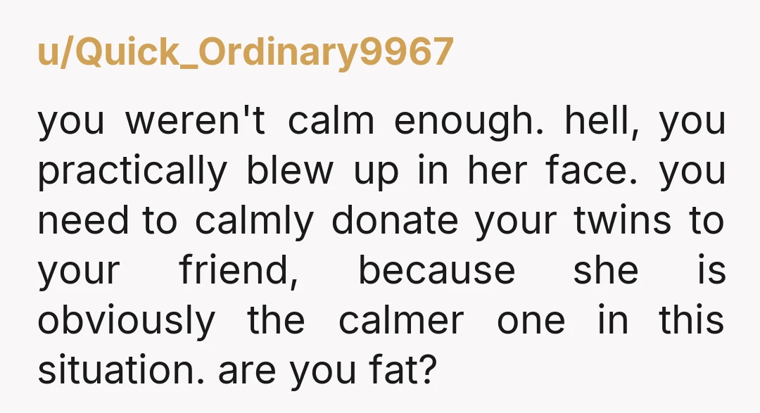 u/Quick_Ordinary9967 you weren't calm enough. hell, you practically blew up in her face. you need to calmly donate your twins to your friend, because she is obviously the calmer one...