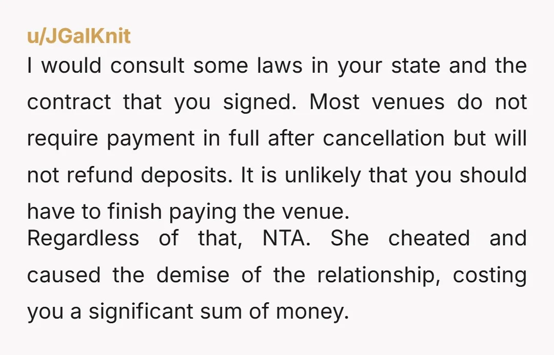 u/JGalKnit I would consult some laws in your state and the contract that you signed. Most venues do not require payment in full after cancellation but will not refund deposits....