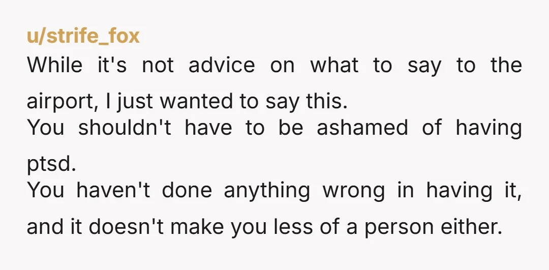 u/strife_fox While it's not advice on what to say to the airport, I just wanted to say this. You shouldn't have to be ashamed of having ptsd. You haven't done...