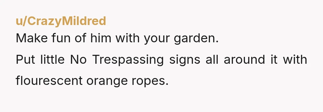 u/LeftLane4PassingOnly
You tried the good neighbor thing. How about giving the annoying neighbor thing a go. What you need is some animals. Something like roosters.