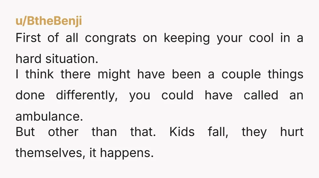 u/BtheBenji First of all congrats on keeping your cool in a hard situation. I think there might have been a couple things done differently, you could have called an ambulance....
