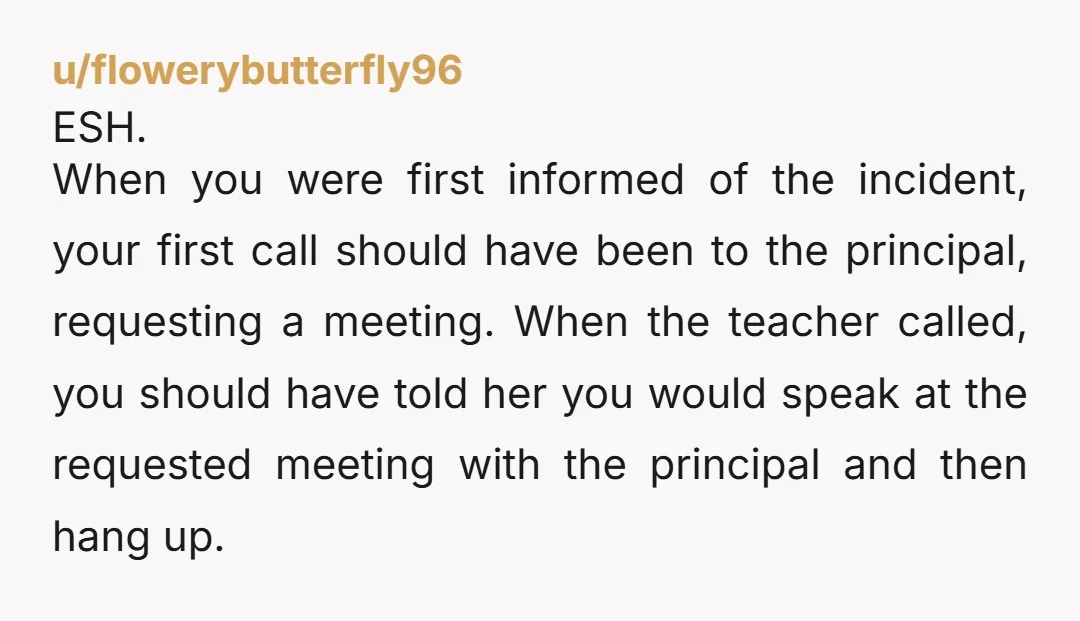 u/flowerybutterfly96 ESH. When you were first informed of the incident, your first call should have been to the principal, requesting a meeting. When the teacher called, you should have told...