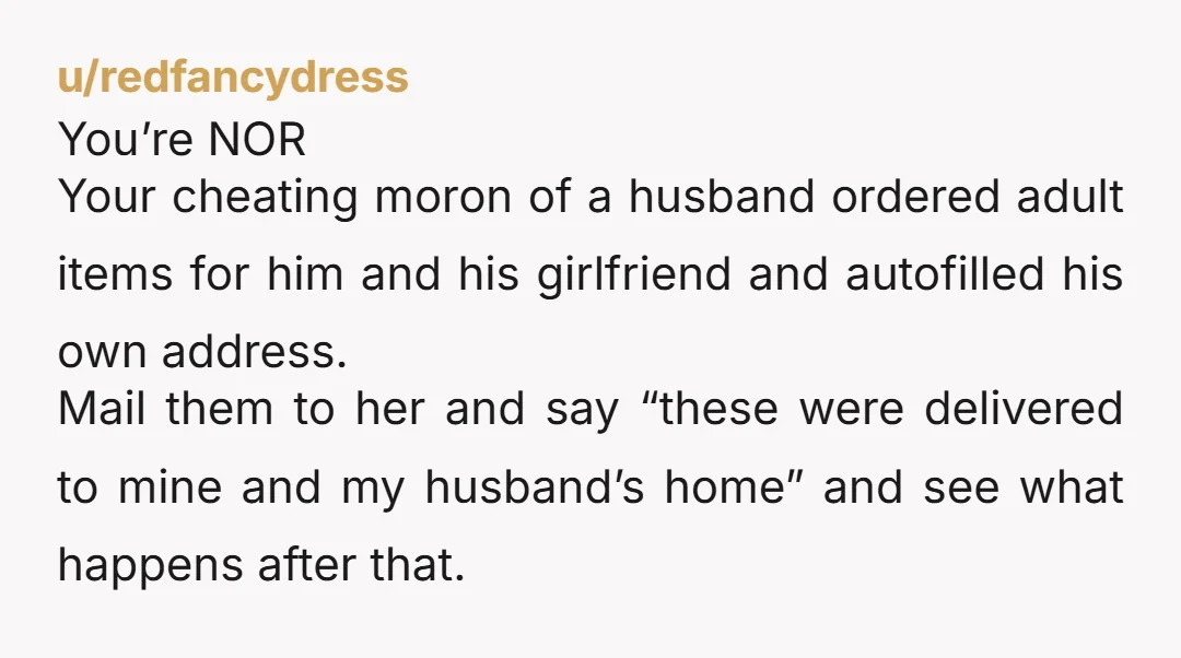 u/redfancydress You’re NOR Your cheating moron of a husband ordered adult items for him and his girlfriend and autofilled his own address. Mail them to her and say “these were...