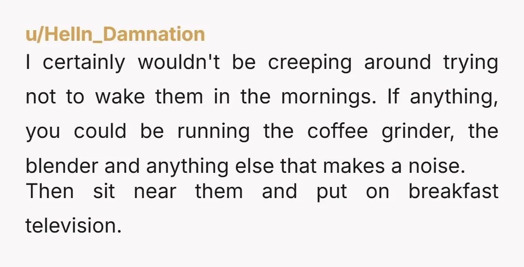 u/Helln_Damnation I certainly wouldn't be creeping around trying not to wake them in the mornings. If anything, you could be running the coffee grinder, the blender and anything else that...