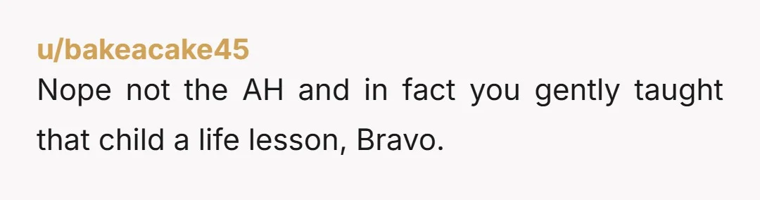u/bakeacake45 Nope not the AH and in fact you gently taught that child a life lesson, Bravo.