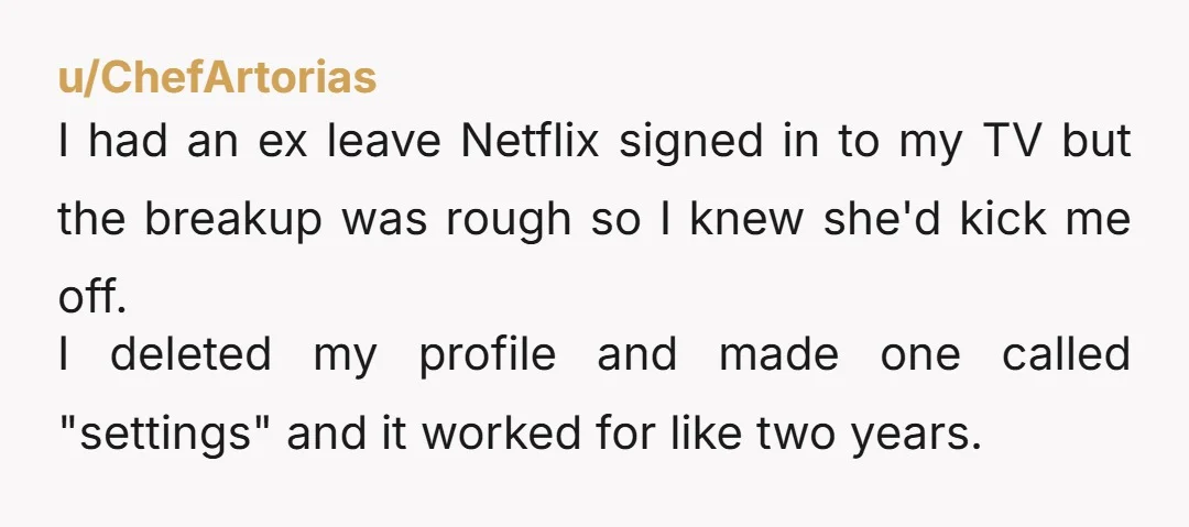 u/ChefArtorias I had an ex leave Netflix signed in to my TV but the breakup was rough so I knew she'd kick me off. I deleted my profile and made...