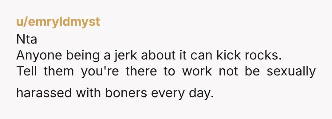 u/emryldmyst
Nta
Anyone being a jerk about it can kick rocks.
Tell them you're there to work not be sexually harassed with boners every day.